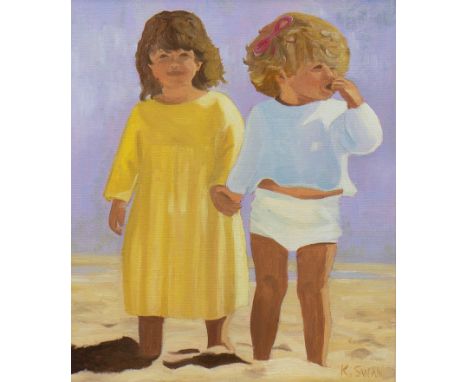 * K SWAN, CHILDREN ON THE BEACH oil on canvas board, signed 29cm x 24cm Mounted, framed and under glass
