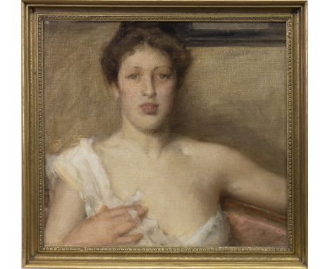 BRITISH SCHOOL, PORTRAIT OF A WOMAN oil on board 45cm x 50cm Framed Label verso: John Mathieson, 48 Frederick Street, Edinbur