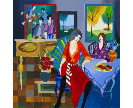 ITZCHAK TARKAY (ISRAELI 1935 - 1944), PARLOR TIME serigraph, signed and numbered 156/450 26cm x 26cm Mounted, framed and unde