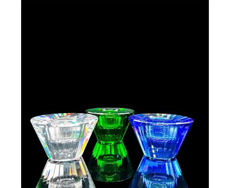 Originally part of the Selection collection. Lead faceted crystal candle trio, made of one clear, one sapphire, and one emera