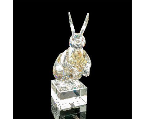 Lead crystal 1st generation rabbit in crystal silver shade, standing alert with ears up on a crystal base which features the 