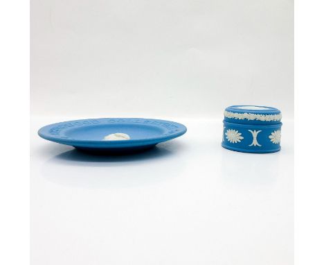 Matte, Wedgwood blue, neoclassical white sprigged decoration in low-relief. Wedgwood backstamp.Trinket box 1.25"H x 1.75" dia