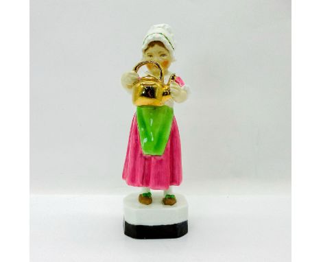 Glazed porcelain figure of a young girl in a pink dress, green apron holding a gold tea kettle.Royal Worcester backstamp. Iss