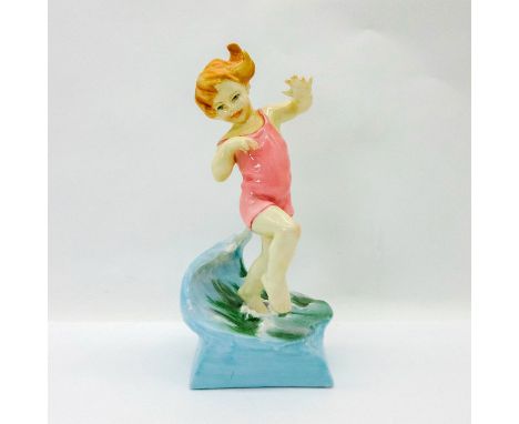 Glazed figure of a girl frolicking in the ocean in a pink swimsuit.Royal Worcester backstamp. Artist: F.G. DoughtyIssued: 20t