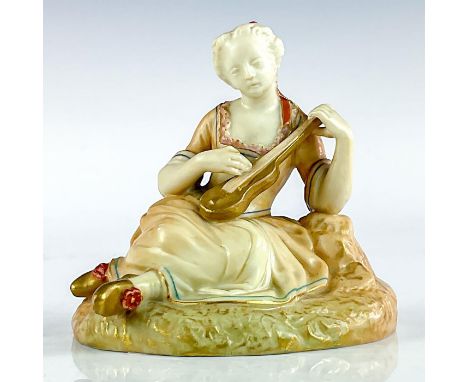 Model number 547. Depicting a seated woman, playing an instrument, and wearing a peach dress with gold shoes. Royal Worcester