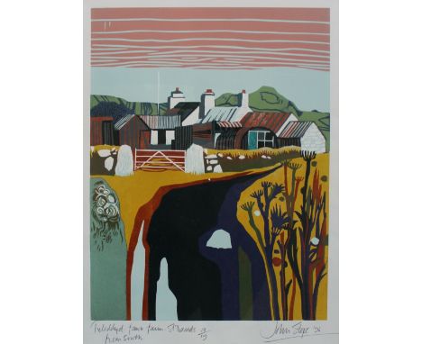 John Stops (b.1925) Teleddyd Fawr Farm, St Davids from the South Linocut Signed and dated '96 Limited edition 10/19 36.5cm x 