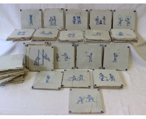 A collection of in excess of thirty five Delft tiles all blue and white with various scenes including children playing, etc, 