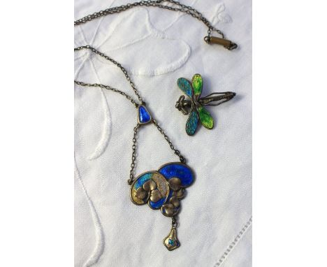 A Charles Horner silver and enamel Art Nouveau pendant together with a silver and enamel dragonfly