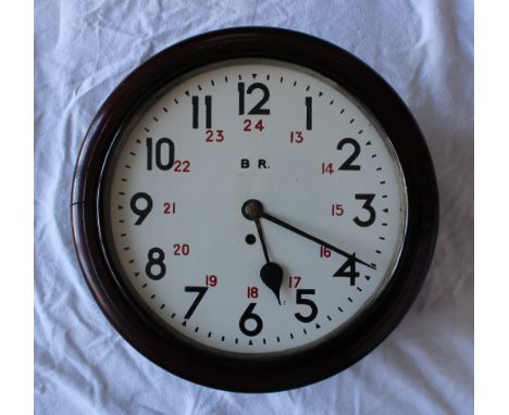 A B R mahogany railway timepiece, the dial with black Arabic numerals 1-12 with red Arabic numerals underneath 13-24, the dia