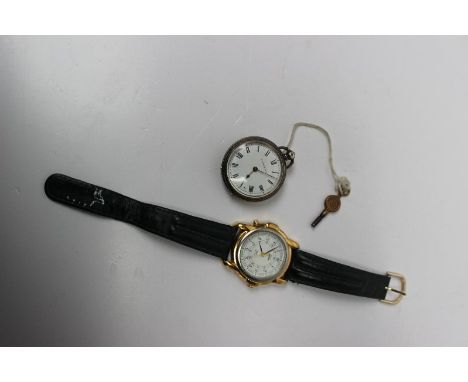 A late Victorian silver fobwatch, Chester 1884, the enamel dial with Roman numerals inscribed J. Swain & Co, together with a 