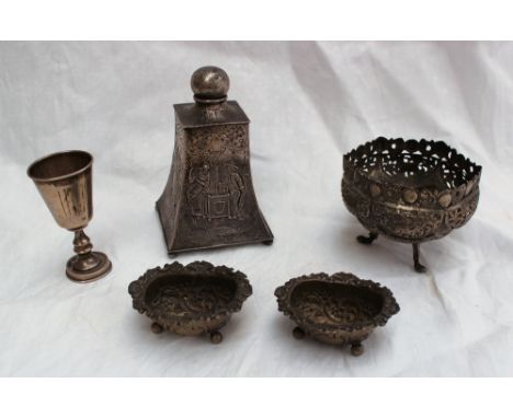 A 19th century continental silver caddy of tapering square form on bun feet decorated with figures, birds and scrolls, bears 