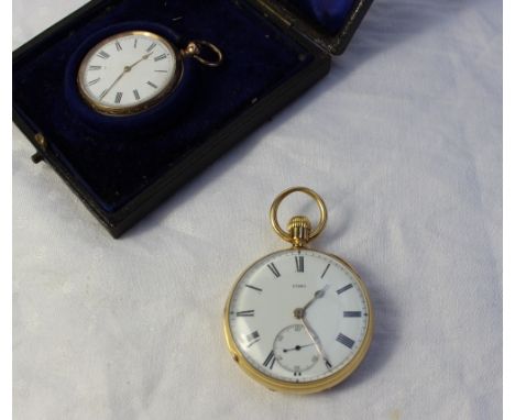 An  18ct yellow gold keyless wound open faced pocket watch, the enamel dial with Roman numerals and a seconds subsidiary dial