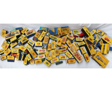 A large collection of Matchbox models including No.28 mark ten Jaguar, No.13 wreck truck, No.14 Lomas ambulance, No.50 Tracto