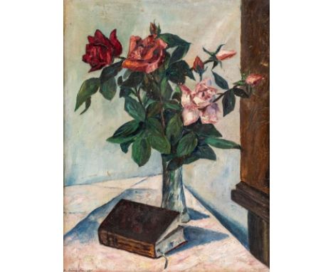 Karl Bärenfänger1888 Krefeld - 1947 Dortmund - "Rosen mit Buch" - Öl/Karton. 49 x 38 cm. Sign. l. u.: K. Bärenfänger. Rücksei