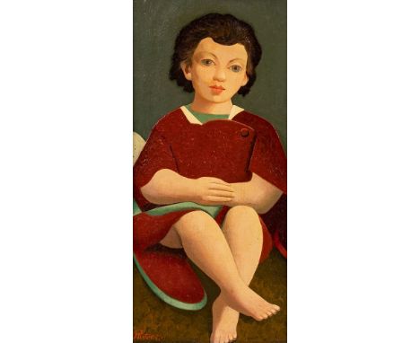 Karl Rüter1902 Hannover - 1986 Bremen - Mädchen in Rot - Öl/Hartfaser. 40 x 20 cm. Sign. und dat. l. u.: Rüter (19)75. Rückse