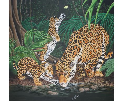 R.G. Finney (Wyoming, B. 1941) "Jaguar and Cubs At Stream" Signed lower middle. Original Acrylic painting on Masonite. Proven