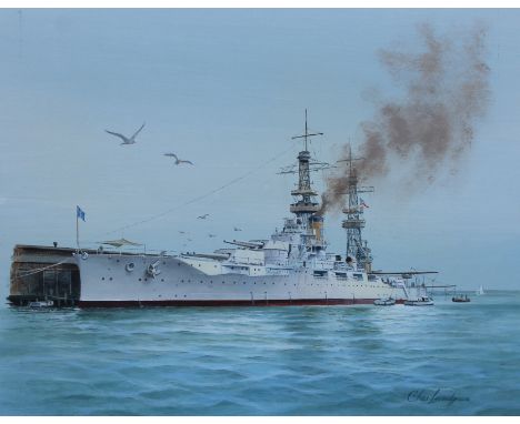 Charles J Lundgren (New York, Connecticut, 1911 - 1988) "U.S.S. Oklahoma" Signed lower right. Original Oil painting on Masoni