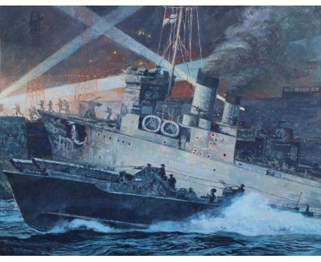 Brian Sanders (British, B. 1937) "Raid on Saint-Nazaire" Original Oil painting on Canvas. Provenance: Collection of James A. 