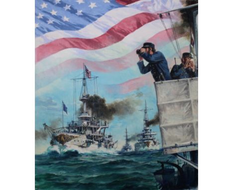 Dennis Lyall (American, B. 1946) "The Great White Fleet Sails 1907" Signed lower right. Original Oil painting on Canvas board