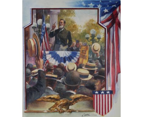 Dennis Lyall (American, B. 1946) "1888 Presidential Campaign Badge" Signed lower right. Original Oil painting on Canvas. Prov