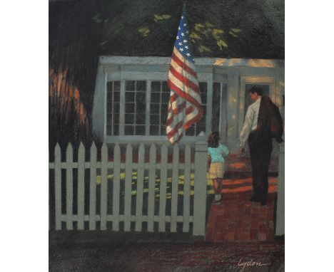 Tom Lydon (American, B. 1944) "Flag over Porch" Signed lower right. Original Chalk on Paper. Provenance: Collection of James 