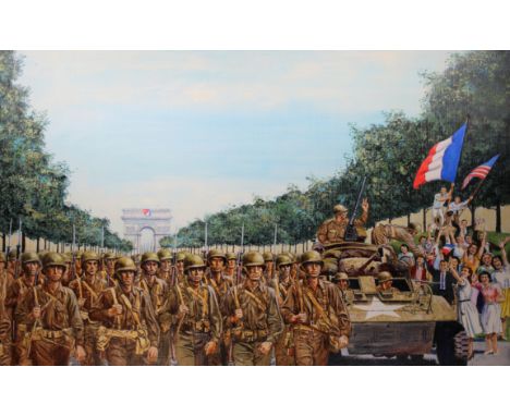 David K. Stone (American, 1922 - 2001) "Liberation of Paris" Signed lower right. Original Oil painting on Masonite. Provenanc