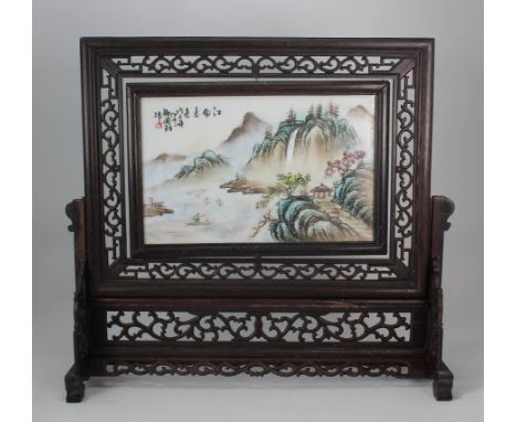 Chinese Porcelain Plaque. Signed with red seal, also with character inscription. Rectangular, decorated with a landscape of m