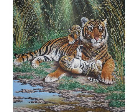 R.G. Finney (Wyoming, B. 1941) "Mother Tiger and Cubs Lying in Grass" Signed lower middle. Original Acrylic painting on Canva