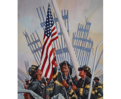 Tom McNeely (Canadian, B. 1935) "Firemen Raising Flag over Rubble" Signed lower left. Original Watercolor painting on Paper. 