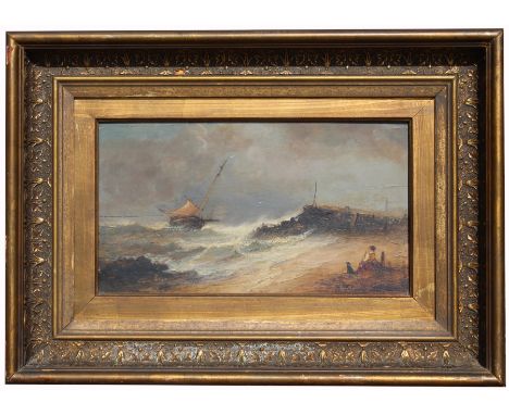 R. Salmon, 19th C. Coastal Seascape Painting with Figures Near the Shore. Oil on panel. Signed and indistinctly dated lower r