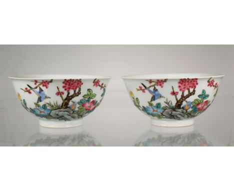 (2) Chinese Famille Rose Porcelain Bowls, Marked with six-character mark and double blue circle on bottom. Provenance: Privat