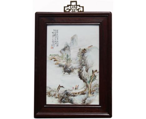 Signed, Fine Chinese Famille Rose Porcelain 'Landscape' Plaque. Depicting travelers in a landscape with a village in the dist