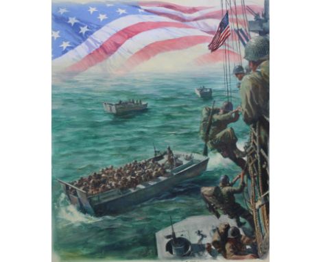 Dennis Lyall (American, B. 1946) "Troops Land at Normandy" Signed lower right. Original Oil painting on Canvas board. Provena