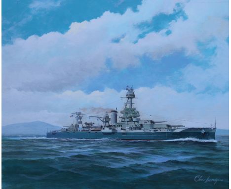 Charles J Lundgren (New York, Connecticut, 1911 - 1988) "U.S.S. Texas" Signed lower right. Original Oil painting on Masonite.