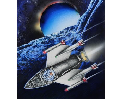 Chris Calle (American, B. 1961) "Space Men Rendezvous" Signed lower right. Original Mixed Media painting on Illustration Boar