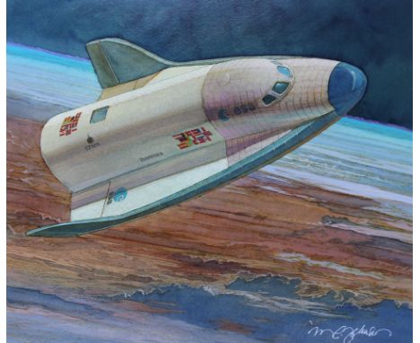 Mark Schuler (American, B. 1951) "Hermes Spaceplane" Signed lower right. Original Mixed Media painting on Illustration Board.