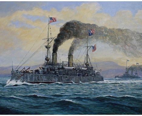 Brian Sanders (British, B. 1937) "USS Olympia" Signed lower right. Original Oil painting on Masonite. Provenance: Collection 