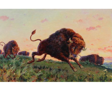 Ivan Akimovich Sushchenko (Russian, B. 1930) "North American Bison" Signed lower left. Original Oil painting on Masonite. Pro