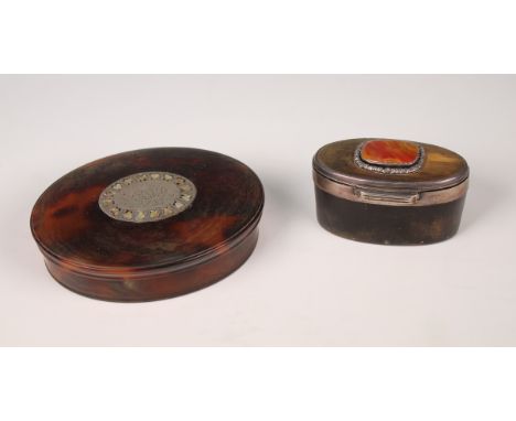 18th C Turtle Shell Box with monogrammed and dated silver inlay center with mother of pearl hearts &amp; Horn Pill Box with e