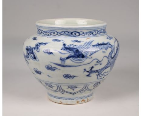 Chinese, Blue/White Dragon Vase. With three-clawed dragon chasing flaming pearl throughout exterior. Provenance: Private Cali