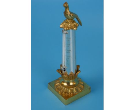 19th century ormolu desk thermometer with bird finial and foliate design base, approx H: 19cm
