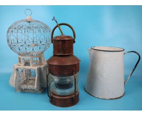 Bird cage, lantern &amp; enamel jug