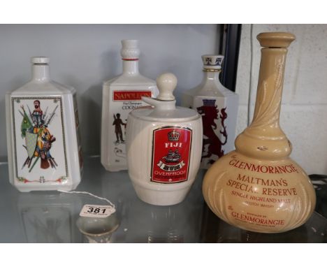 5 ceramic advertising decanters to include Masons &amp; Wedgwood