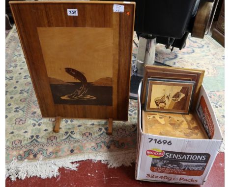 Large collection of marquetry pictures to include fire screen