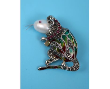 Silver champleve enamel rat brooch