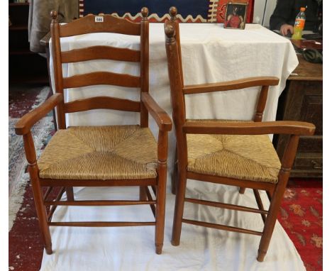 Pair of ladder back &amp; rush seated armchairs