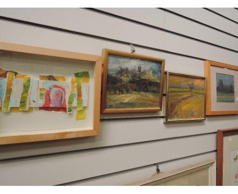 An acrylic painting, Ted Allen, Rain Clouds, attributed verso 6.5'x7', a mixed media picture 8.5'x11' and a pair of oil paint