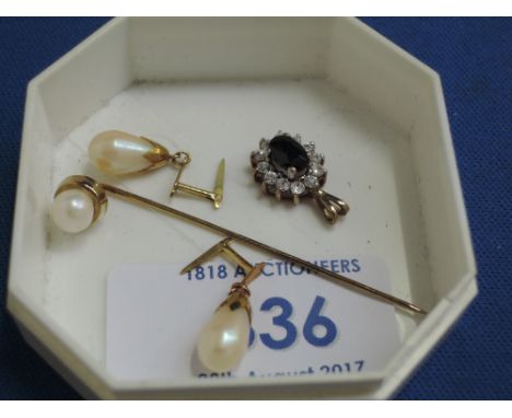 A 9ct gold stick pin  having cultured pearl decoration, pair of teardrop simulated pearl earrings and a sapphire and cubic zi