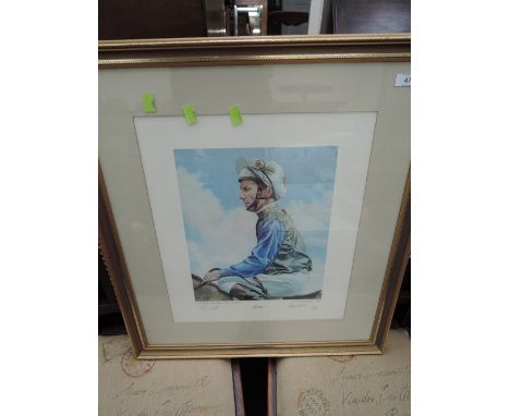 A framed print after Roy Miller, Lester, signed by Lester Piggot and the artist