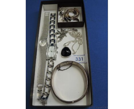 A small selection of white metal and HM silver jewellery including two fashion watches, earrings, hinged bangle and pendants